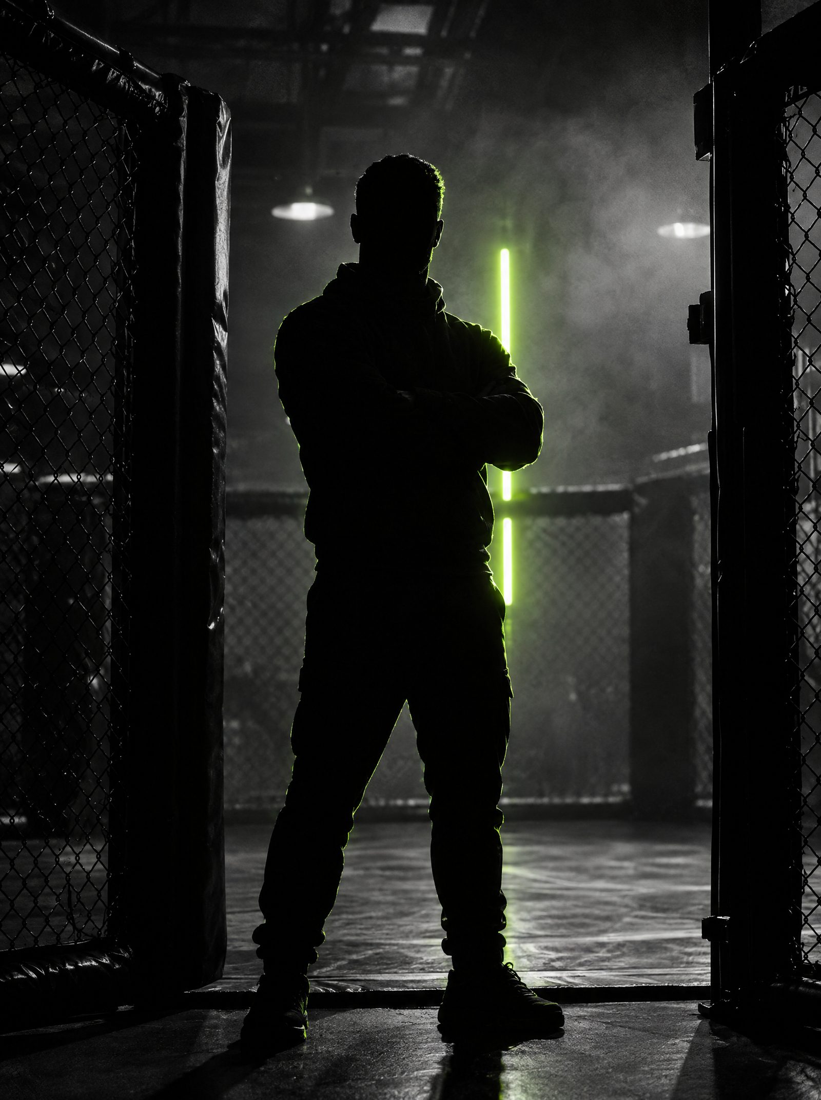 Backlit silhouette of head coach Antonio McKee standing at the edge of the competition cage