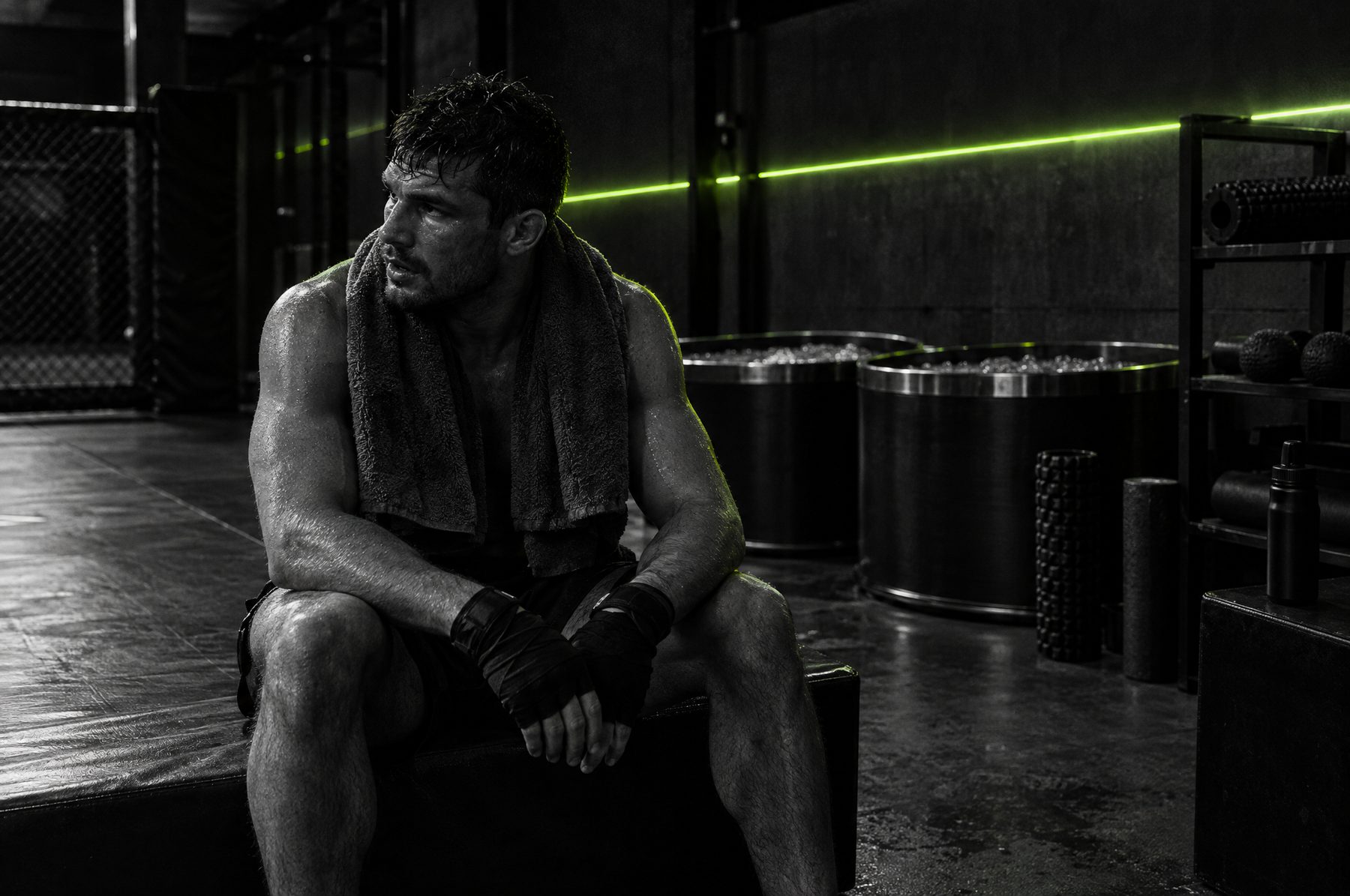 A fighter in the recovery corner between rounds