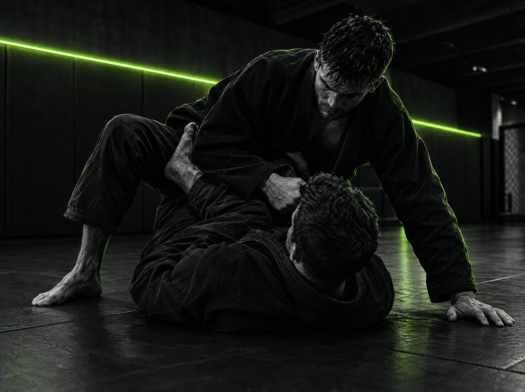 Two athletes in dark gis working a guard pass on the ground