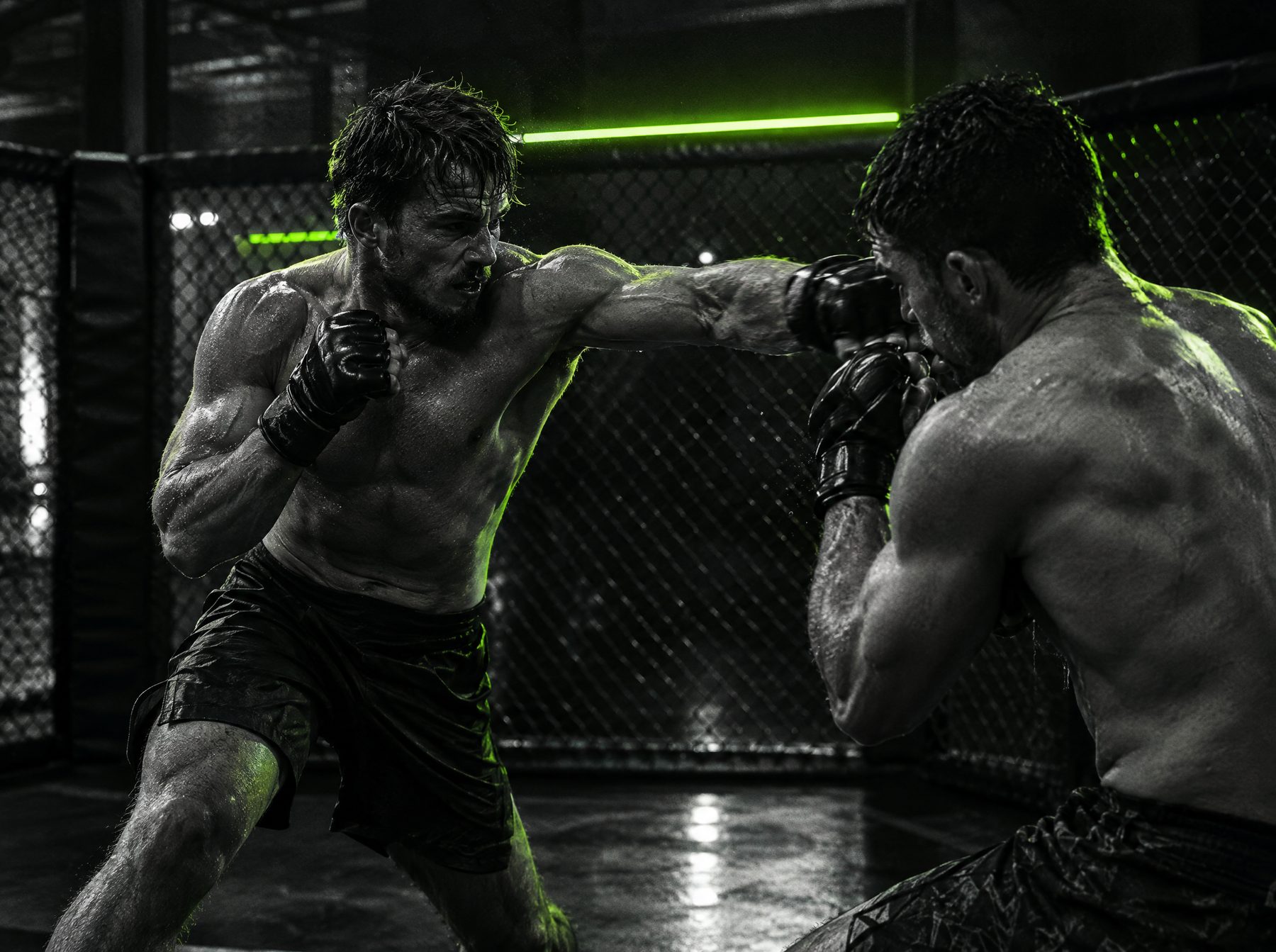 Two fighters exchanging strikes during a sparring round inside the CFC competition cage