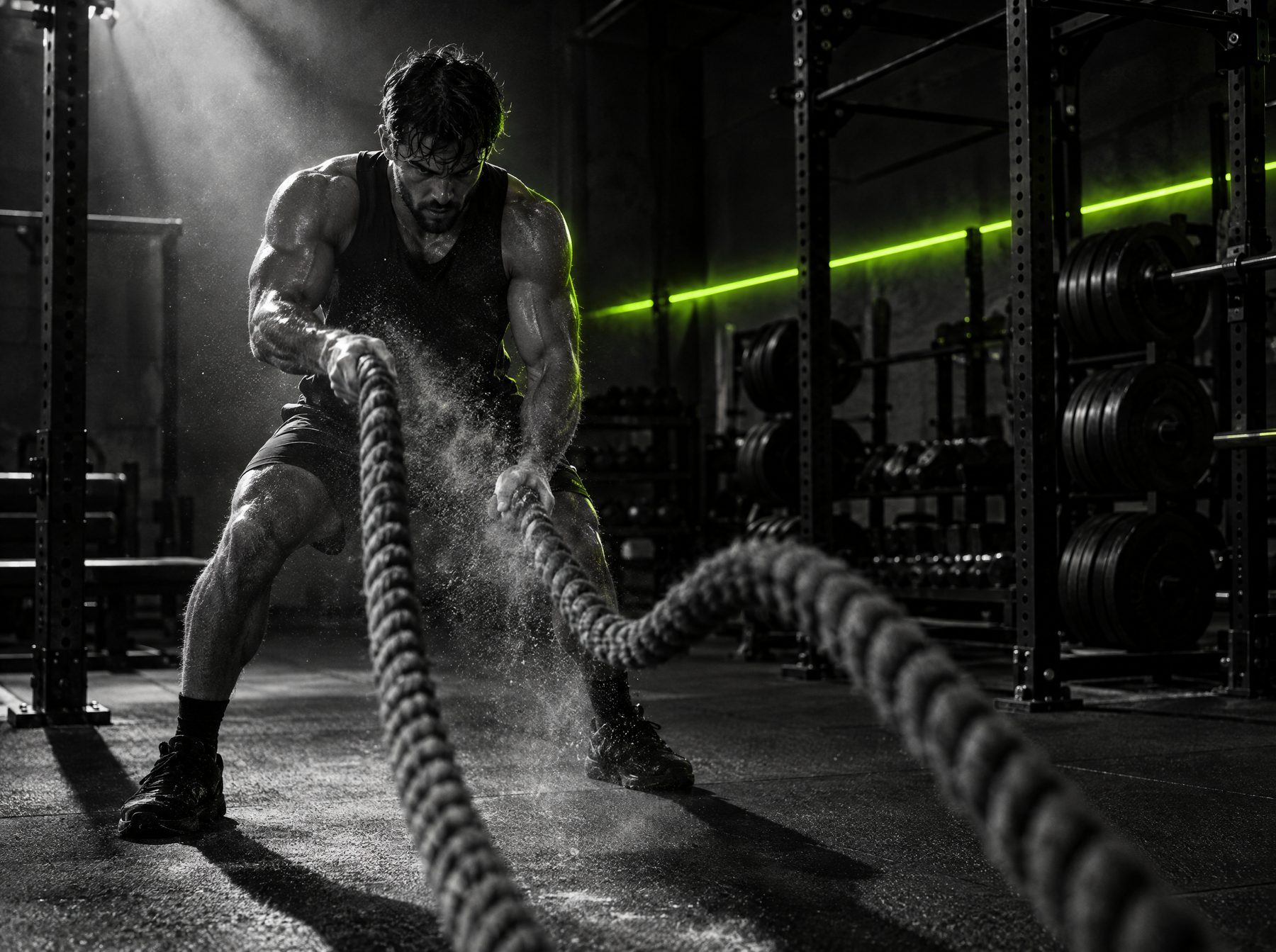 Athlete slamming battle ropes with chalk dust rising in the gym light