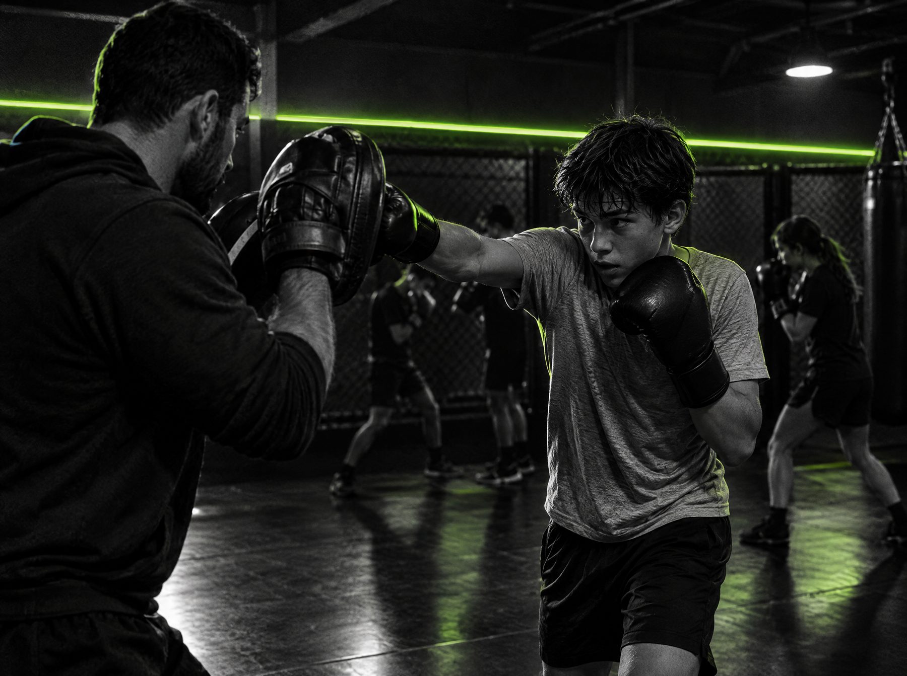Coach holding focus pads for a young student throwing a jab